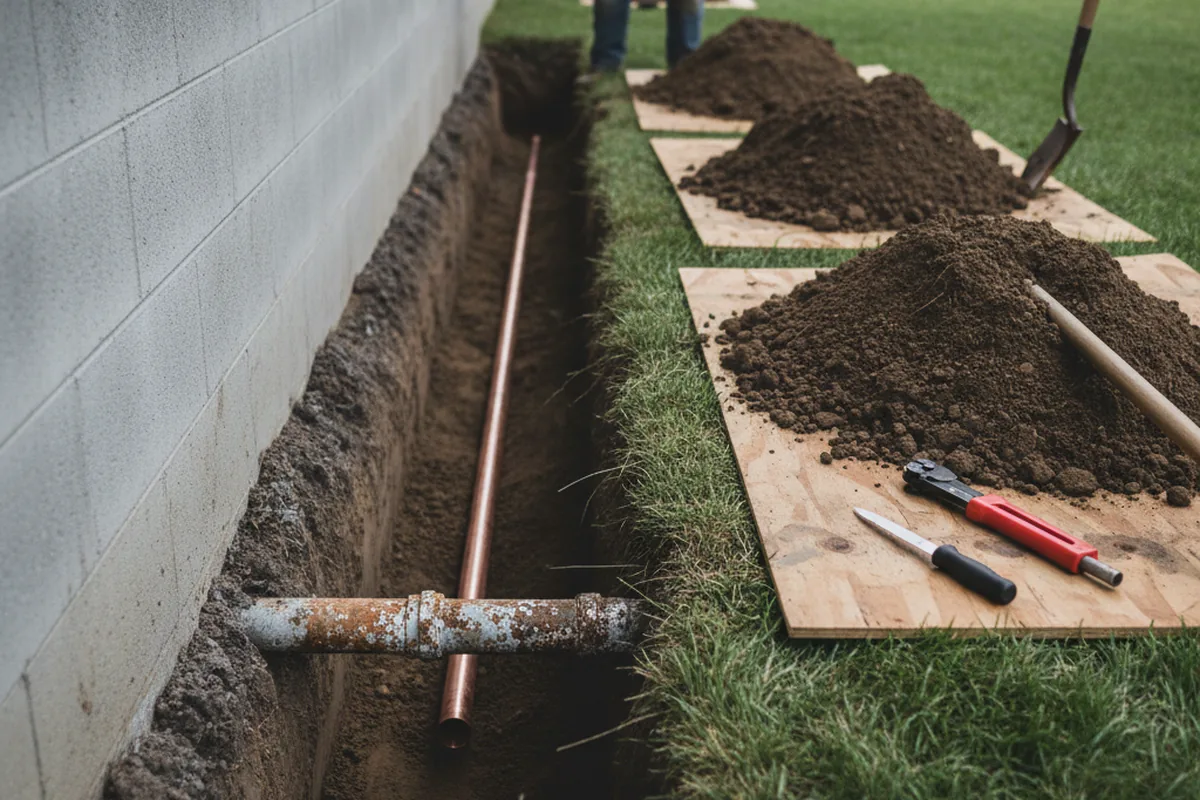 Excavated water line trench during Water Softener Installation in Duncanville